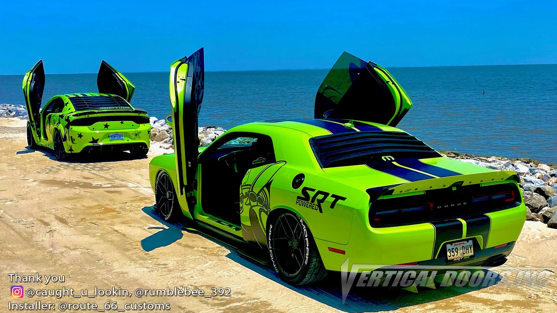 Check out @caught_u_lookin Dodge Challenger and @rumblebee_392 Charger from LA featuring Vertical Doors, Inc., Vertical Lambo Doors Conversion Kits.