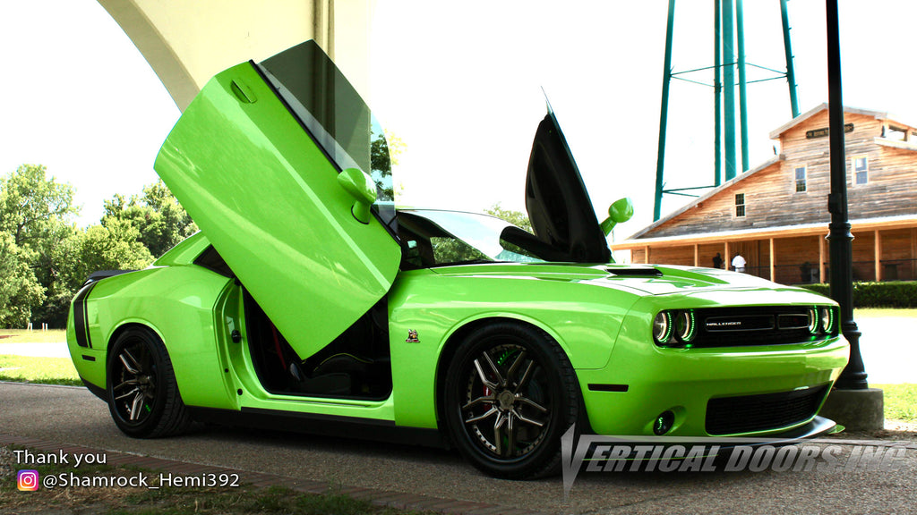 Check out Anna's @Shamrock_Hemi392 Dodge Challenger from South Carolina featuring Vertical Doors, Inc., Vertical Lambo Doors Conversion Kits.