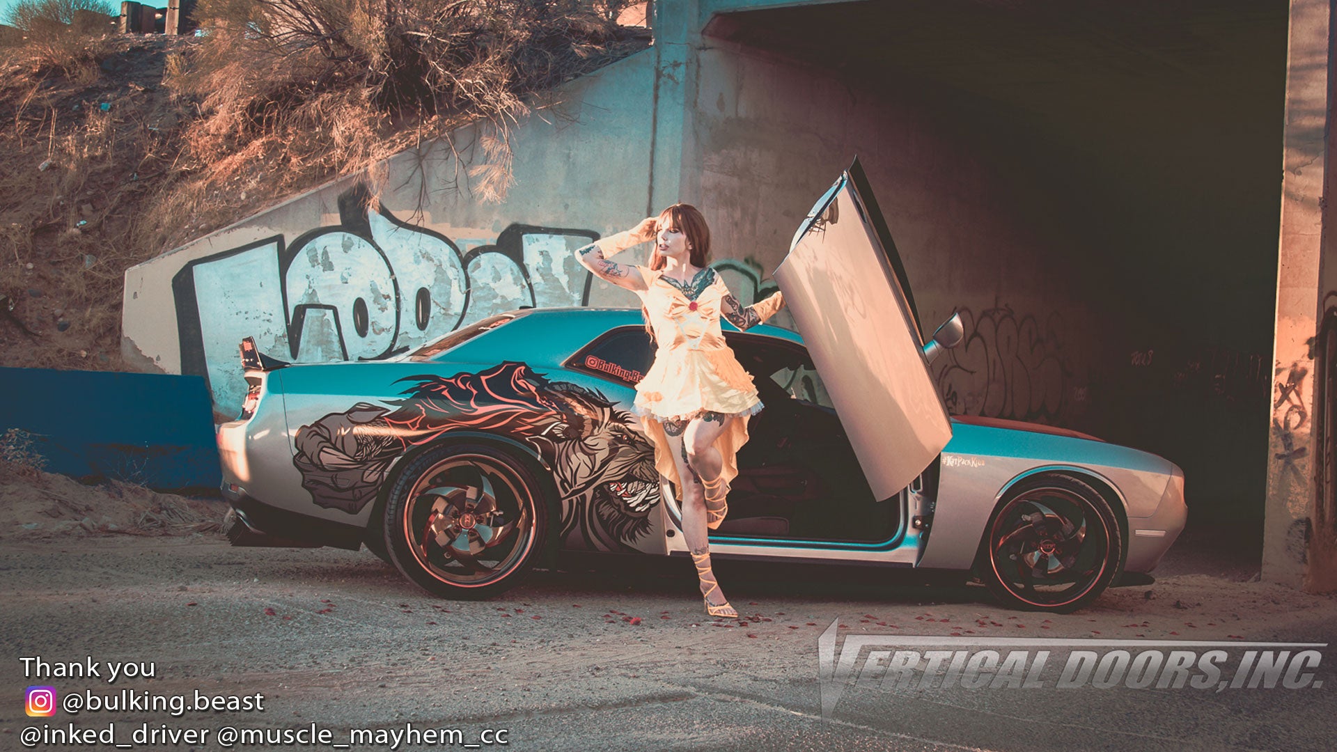 Check out Joe's @the_bulking_beast Dodge Challenger Featuring Ashley @ashleygold26 and Vertical Doors, Inc., vertical lambo doors conversion kit.