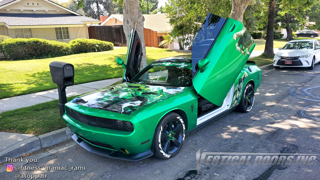 Check out Jason's @fitness_maniac_rami Dodge Challenger from California featuring Vertical Doors, Inc., Vertical Lambo Doors Conversion Kits.