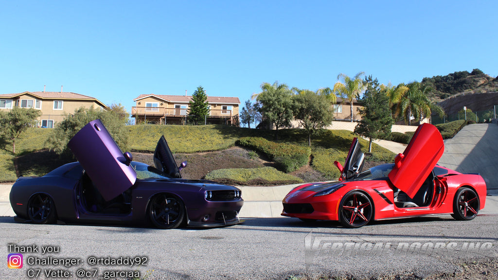 Check out Jorge's Dodge Challenger and Chevy C7 Vette featuring Vertical Doors, Inc., Vertical Lambo Doors Conversion Kits. 