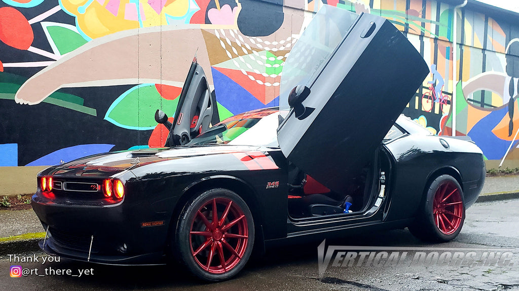 Check out @rt_there_yet Dodge Challenger from Oregon featuring Vertical Doors, Inc., Vertical Lambo Doors Conversion Kits.