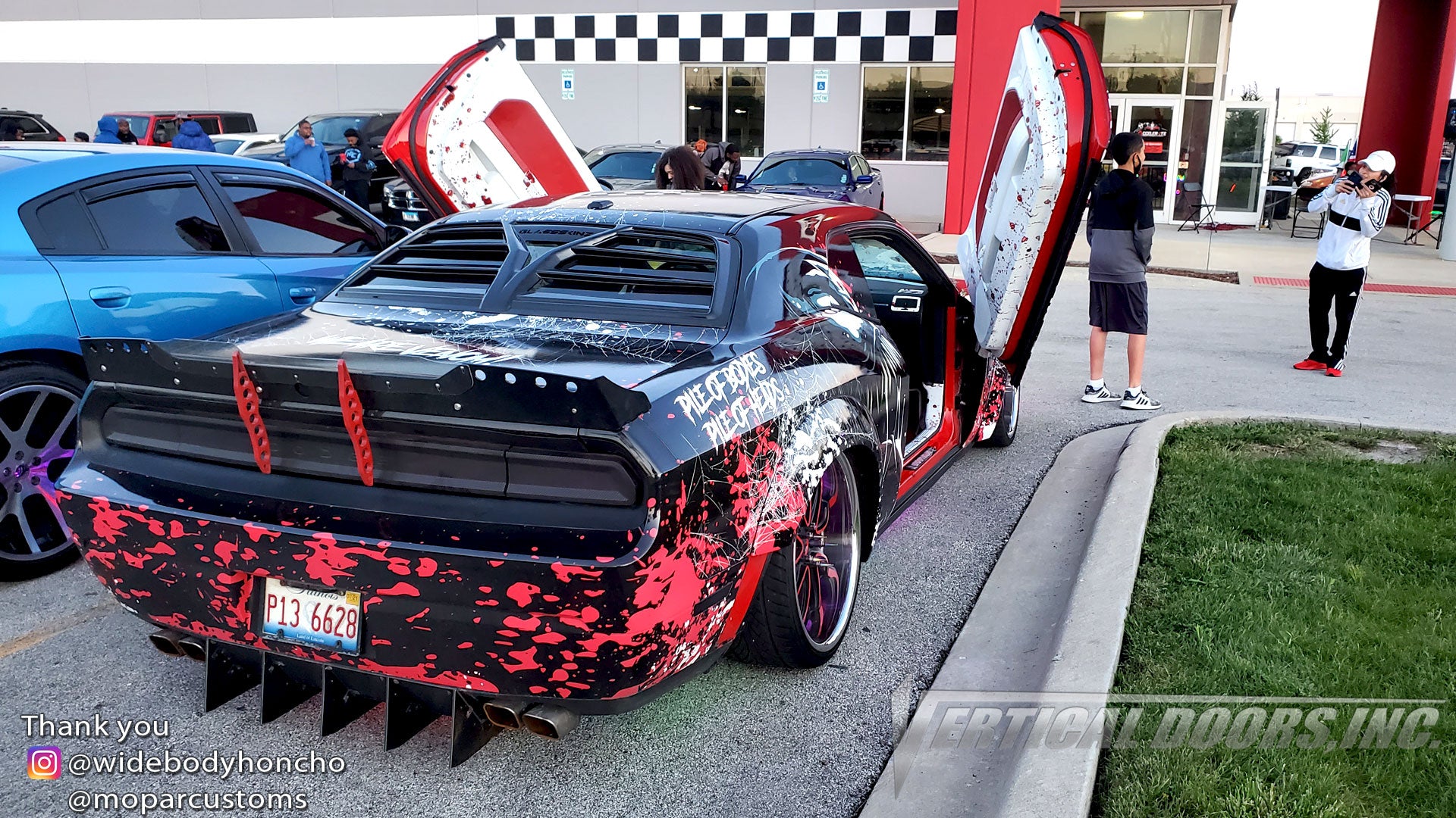 @moparcustoms car club member @widebodyhoncho Dodge Challenger featuring Vertical Lambo Doors Conversion Kits.