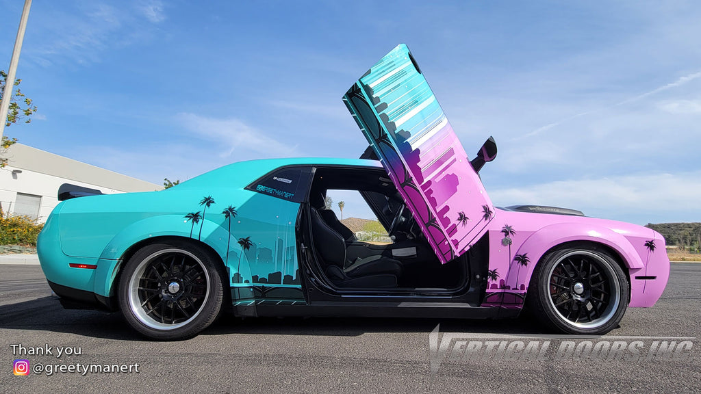 Check out @greetymanert Dodge Challenger from California featuring Vertical Doors, Inc., Vertical Lambo Doors Conversion Kits.