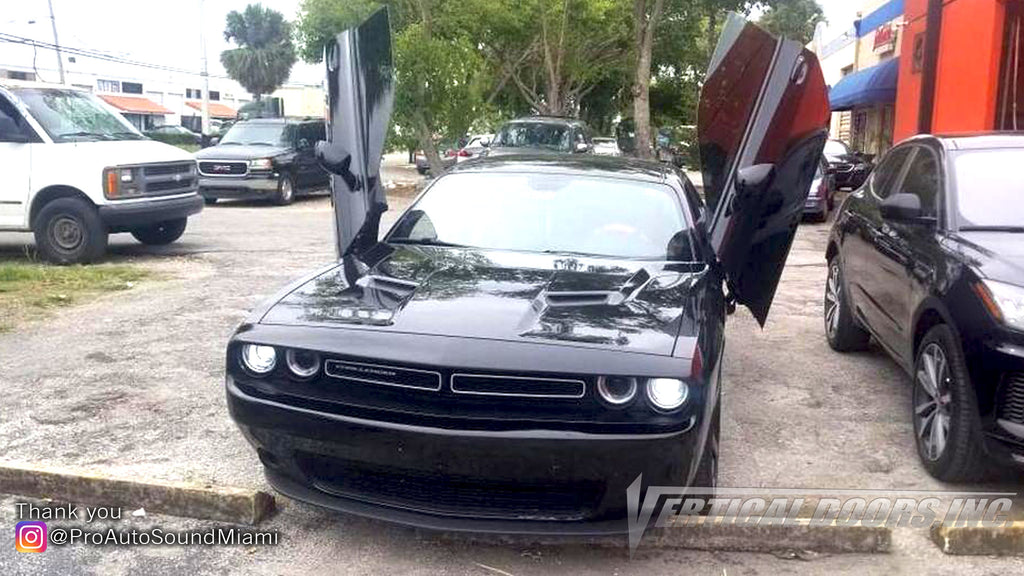 Installer | Pro Auto Sound Miami | Miami, FL | Dodge Challenger featuring Verical Doors, Inc. vertical lambo doors conversion kit.