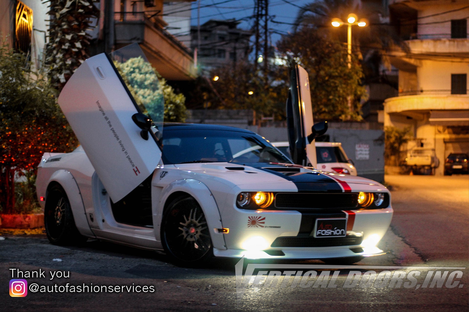 Installer | Auto Fashion Services | Beirut, Lebanon | Dodge Challenger featuring Vertical Doors, Inc. vertical lambo door conversion kit.