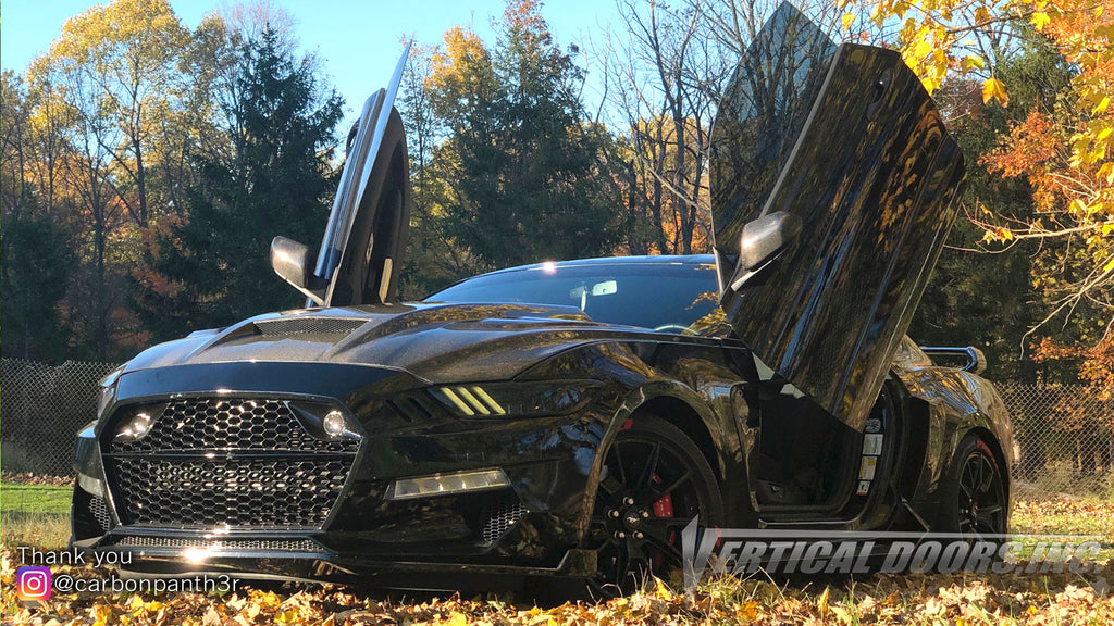 Check out Curtis @carbonpanth3r Ford Mustang 6thGen from Ohio featuring Vertical Lambo Doors Conversion Kit from Vertical Doors, Inc.