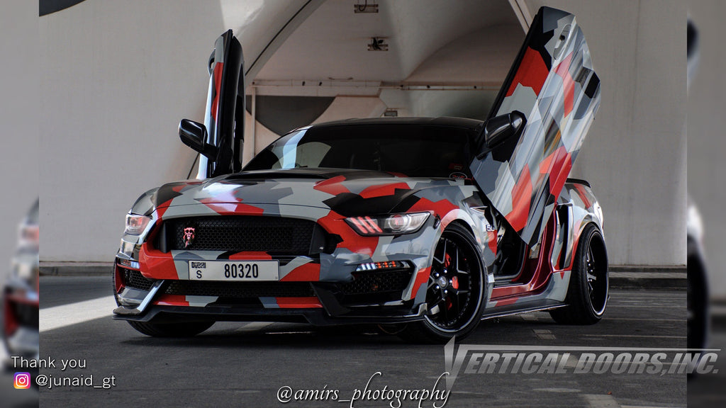 Check out Junaid's @junaid_gt Ford Mustang from Dubai, UAE featuring Vertical Lambo Doors Conversion Kit from Vertical Doors, Inc.