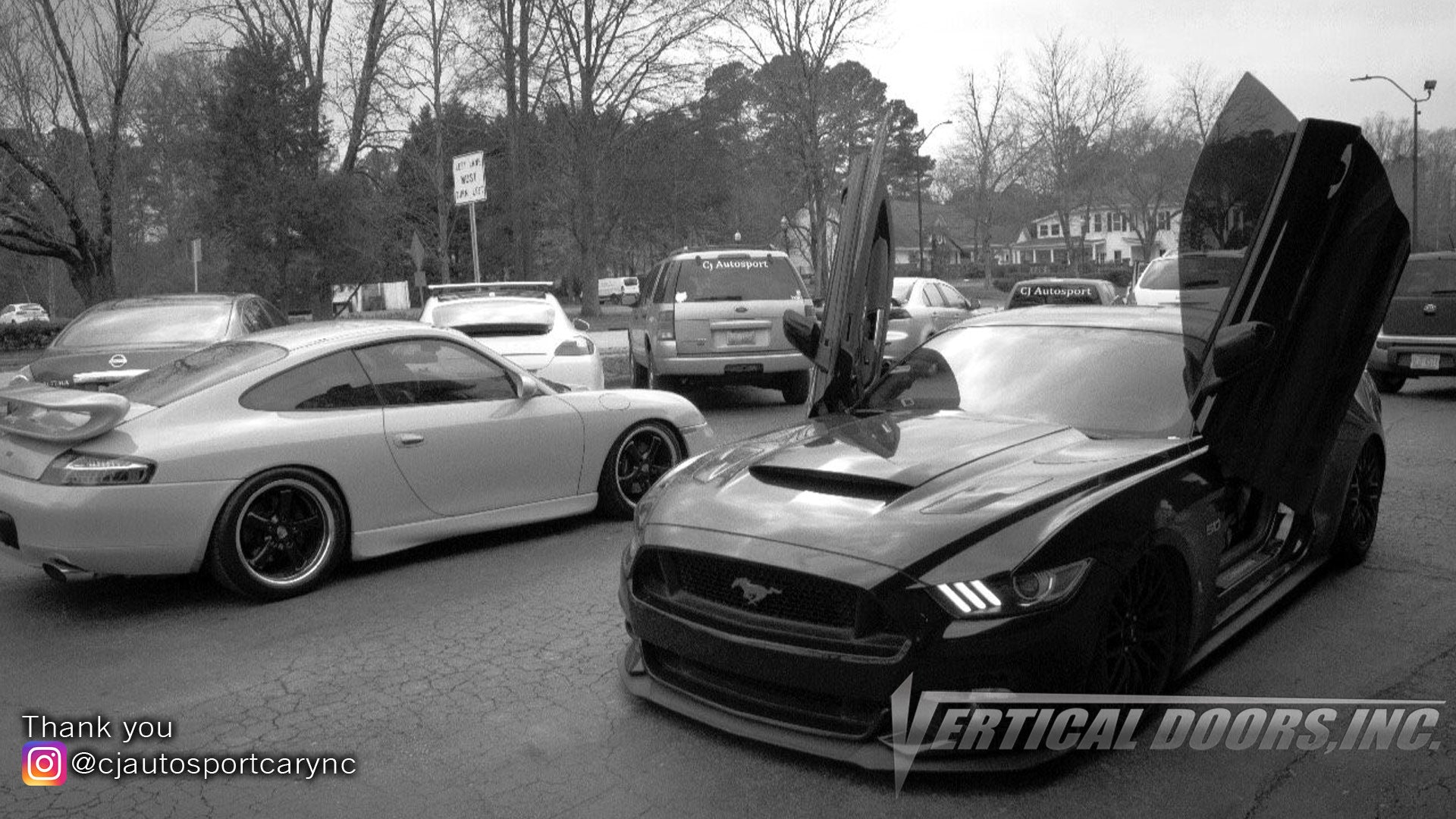 Installer | CJ Autosport | Cary, NC | Ford Mustang 6th Gen featuring Vertical Doors, Inc., vertical lambo doors conversion kits.