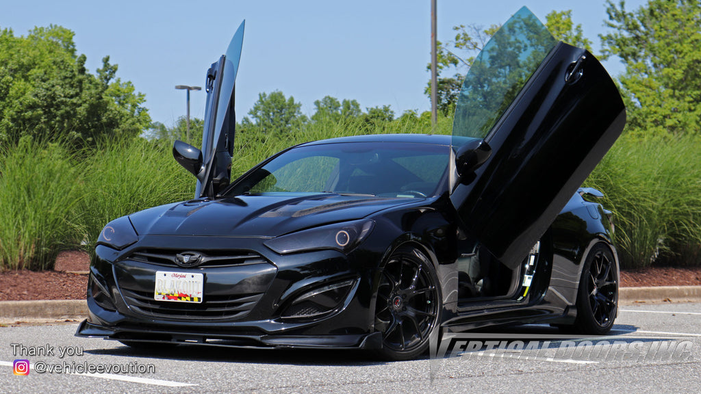 Check out Tim's @vehicleevolution Hyundai Genesis Coupe from Maryland featuring Vertical Doors, Inc., vertical lambo doors conversion kit.