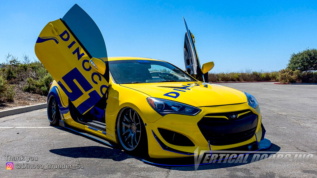 Check out Zackery's @Dinoco_thunder_51 Hyundai Genesis Coupe from California Featuring and Vertical Doors, Inc., vertical lambo doors conversion kit.