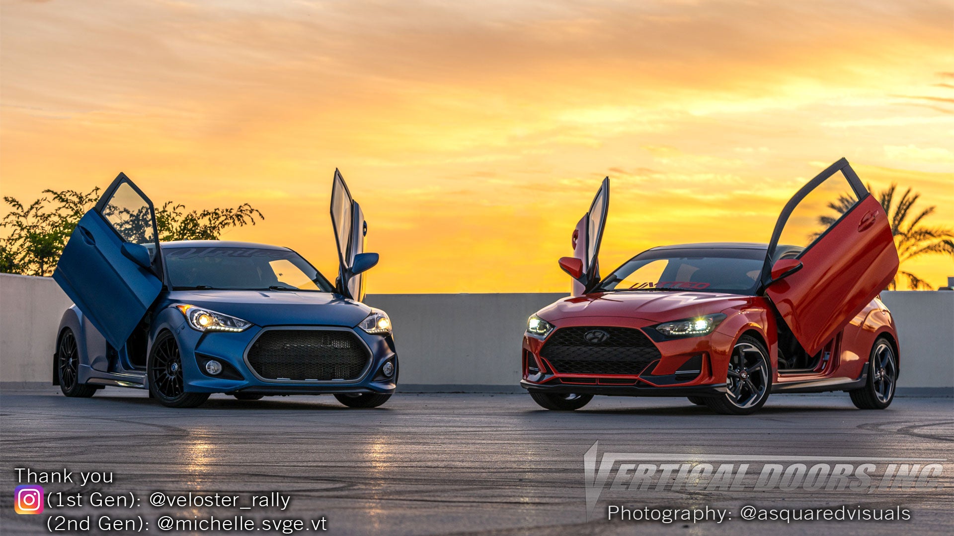 Check Two Generations of the Hyundai Veloster from California featuring Vertical Lambo Doors Conversion Kits from Vertical Doors, Inc.