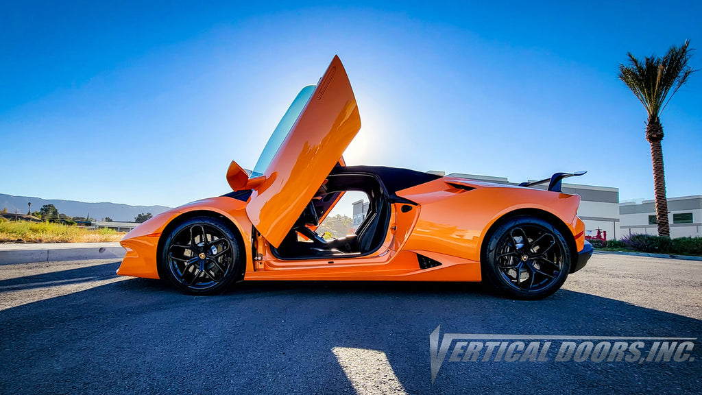 Lamborghini Huracan Arancio Borealis featuring Vertical Lambo Doors Conversion Kit by Vertical Doors, Inc.