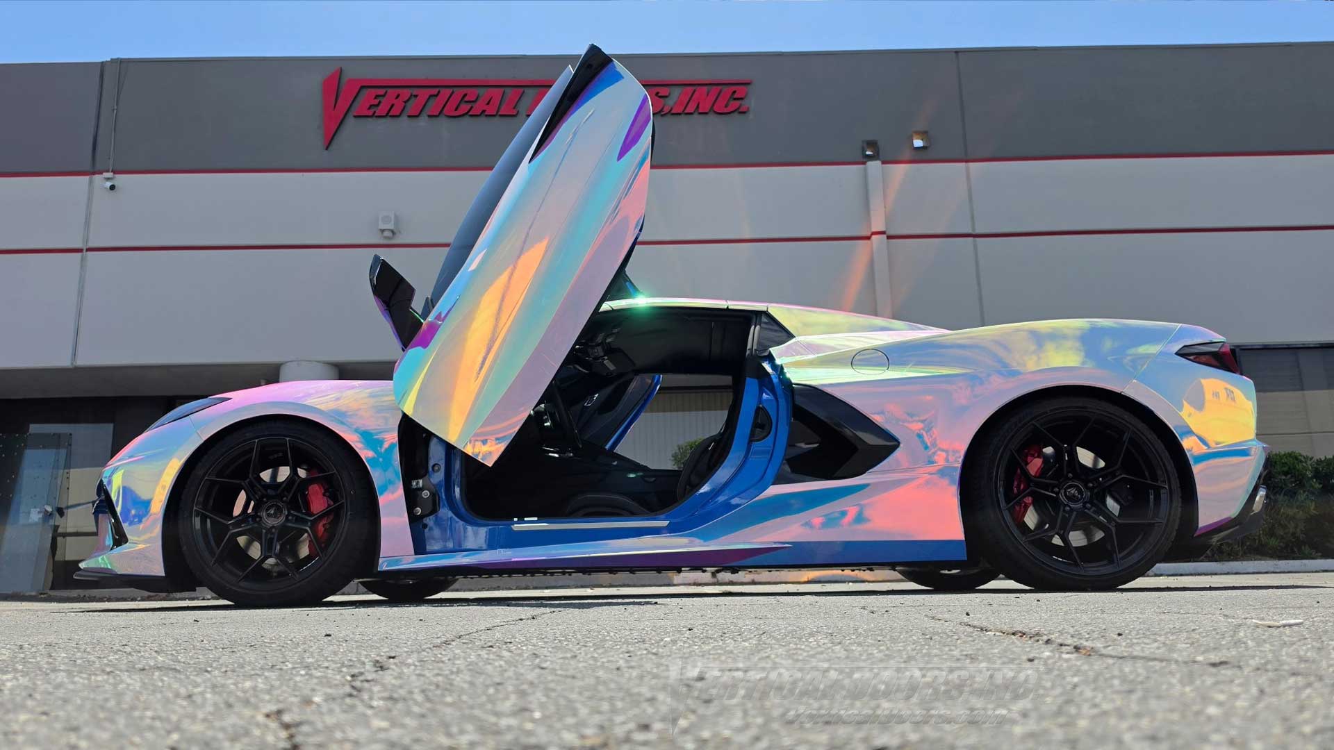 Wrapped Corvette C8 from Las Vegas Visits Vertical Doors, Inc.