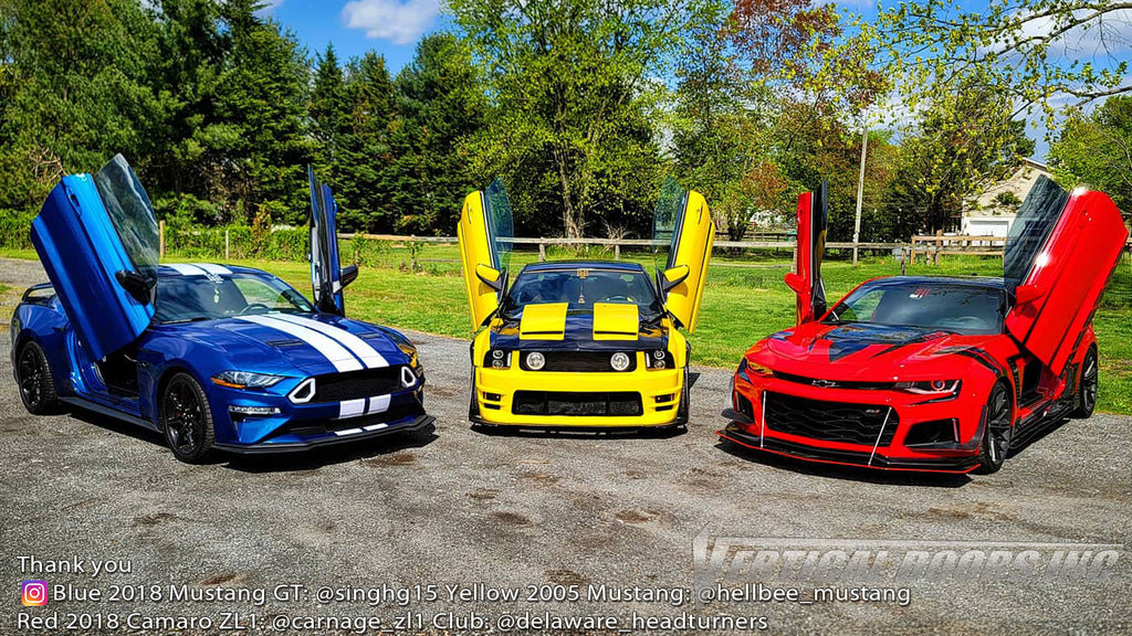 Check out Delaware headturners @delaware_headturners members Ford Mustang's and Chevy Camaro featuring Vertical Lambo Doors Conversion Kit from Vertical Doors, Inc.