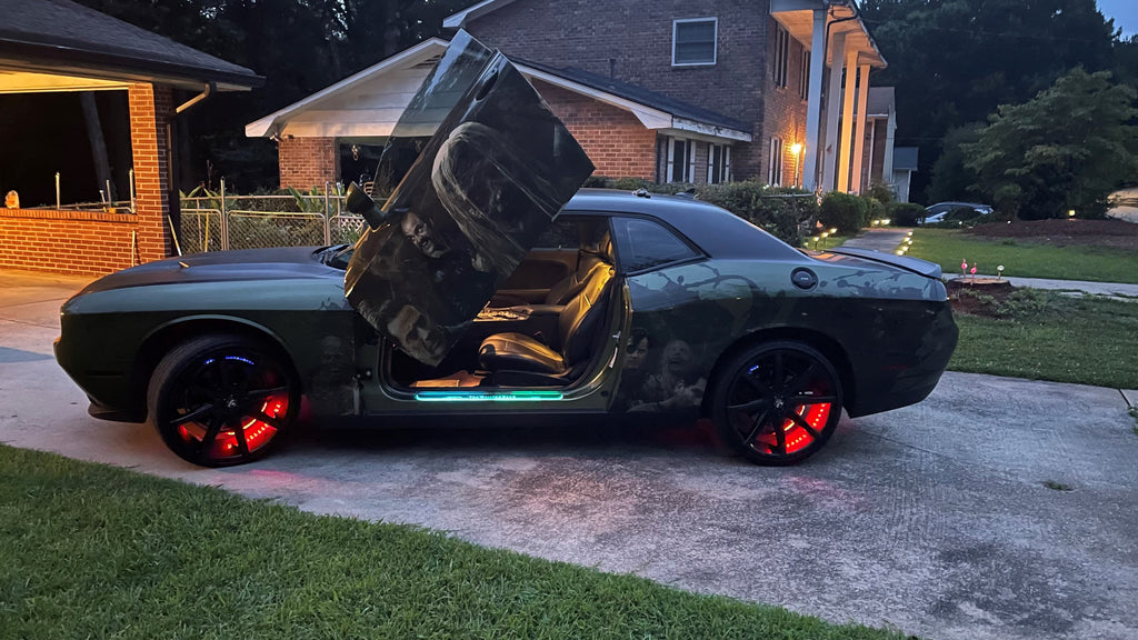Check out Stephanie's @datf8chally Dodge Challenger featuring Vertical Doors, Inc., Vertical Lambo Doors Conversion Kits.