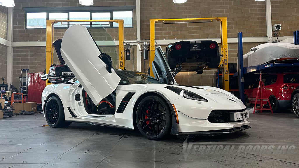 Installer | GT101 Limited| Tollgate West, Colchester, UK | Corvette C7 and Ford Mustnag featuring Vertical Doors, Inc. lambo door conversion kit.