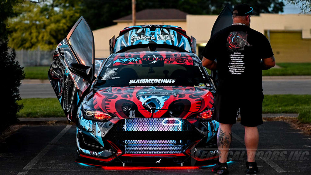 @indys_vnraptor Hyundai Veloster N from Indiana, wrapped, slammed, tuned, fully modded and of course showing off Lambo Doors Conversion kit from Vertical Doors, Inc., VDCHYVEL11, VDCHYVEL19, 