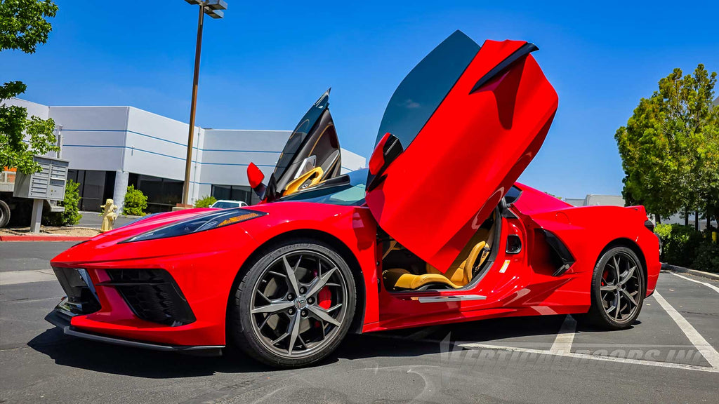 Red Chevrolet Corvette C8 from California getting a Vertical Lambo Door Kit installed by Vertical Doors, Inc.