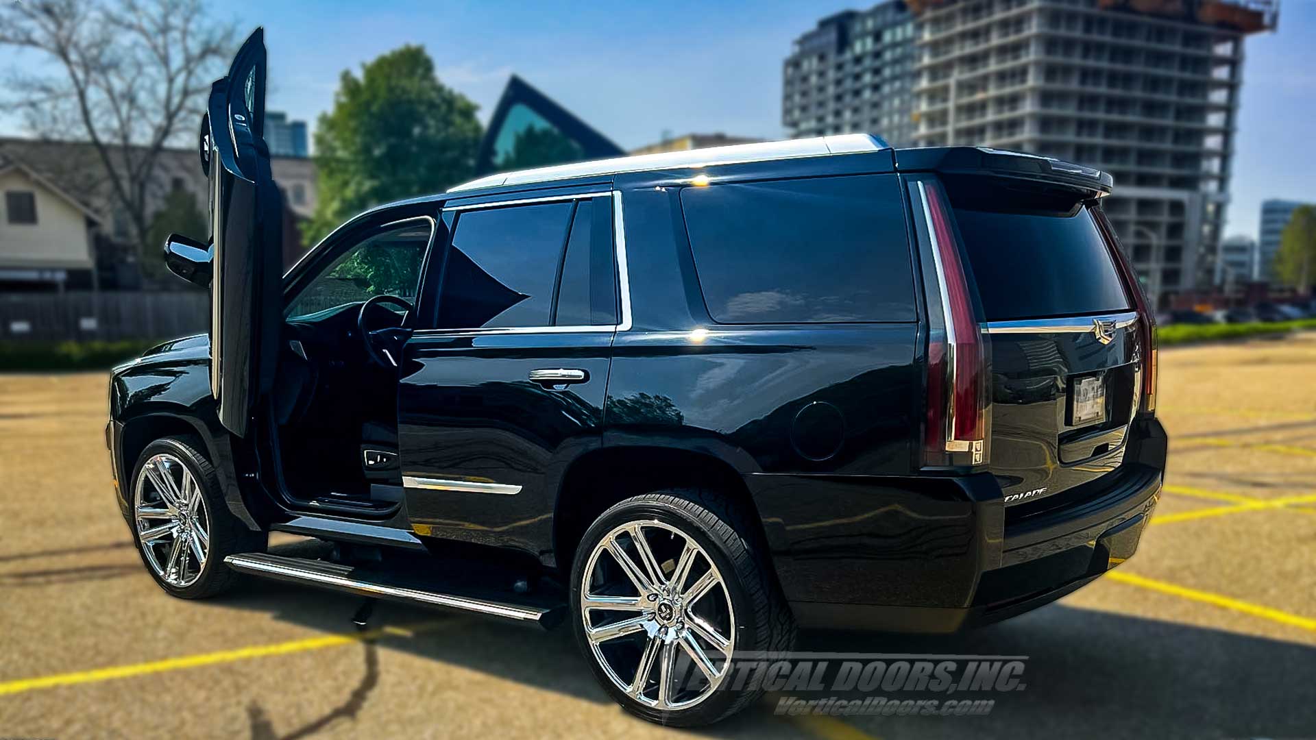 Cadillac Escalade 2015 2016 2017 2018 2019 2020 black SUV with Vertical Doors, Inc. wing doors installed VDCCADESC1520 Premium Luxury Platinum trim Ontario Canada vertical door kit upgrade