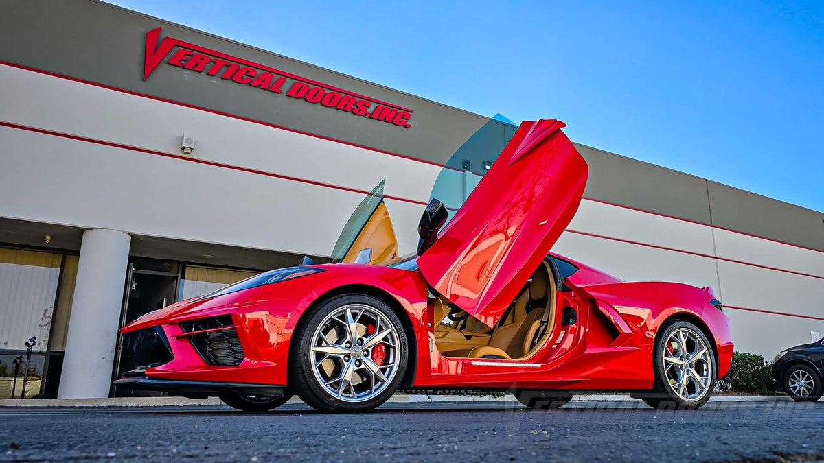 Omar's D. Corvette C8 with a real vertical door kit by Vertical Doors, Inc. after removing an knockoff kit.