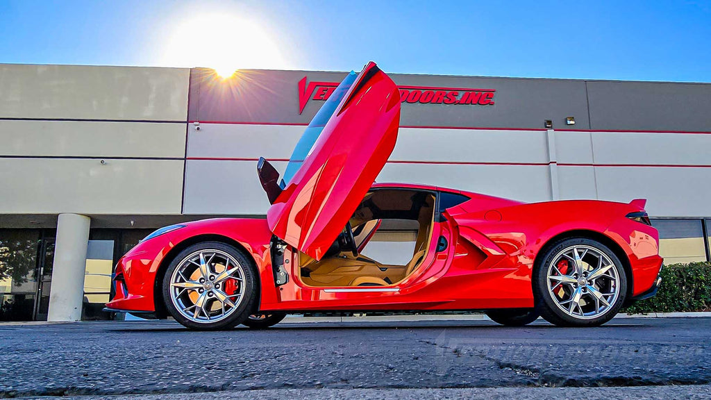 Omar Dunes Chevrolet Corvette C8 after removing competitor’s vertical door kit from his car. Kit replacement done at Vertical Doors, Inc. in Lake Elsinore California., VDCCHEVYCORC820, 1LT, 2LT, 3LT, Z51, Z06, C8R, Z8ZR1, Stingray, Eray, Vette, Corvette, 
lambo doors, vertical doors, door conversion, scissor doors, butterfly doors, wing doors, 
Corvette C8 lambo doors, Corvette C8 vertical doors, Corvette C8 door conversion, Corvette C8 scissor doors, Corvette C8 butterfly doors, Corvette C8 wing doors,
