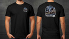 Black unisex Dodge Challenger Shark T-shirt featuring @spaztheshark with Vertical Doors, Inc. front and back print design.