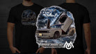 Close-up mockup of Dodge Challenger Spaz The Shark front print T-shirt with vertical doors, shark graphic, and blank back.