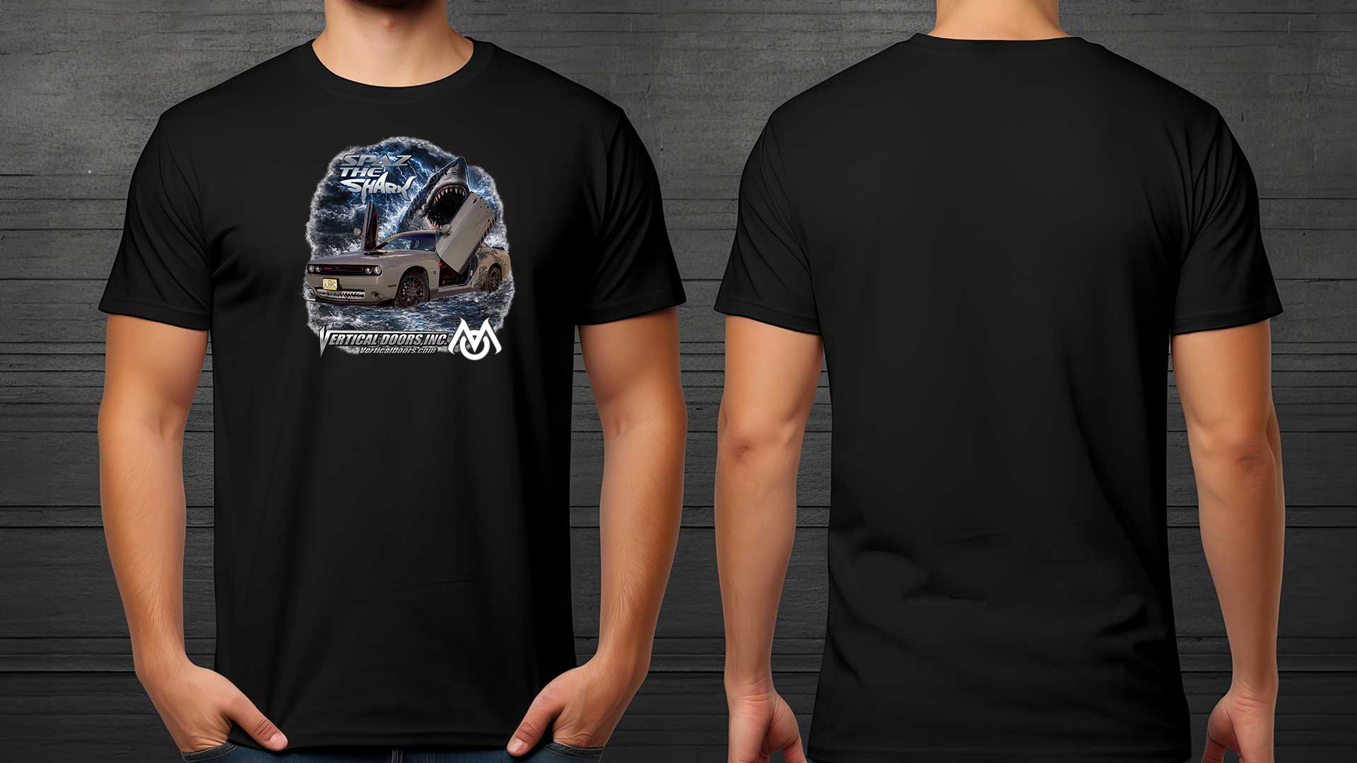 Black Dodge Challenger Spaz The Shark front print T-shirt with blank back, featuring Vertical Doors, Inc. artwork.