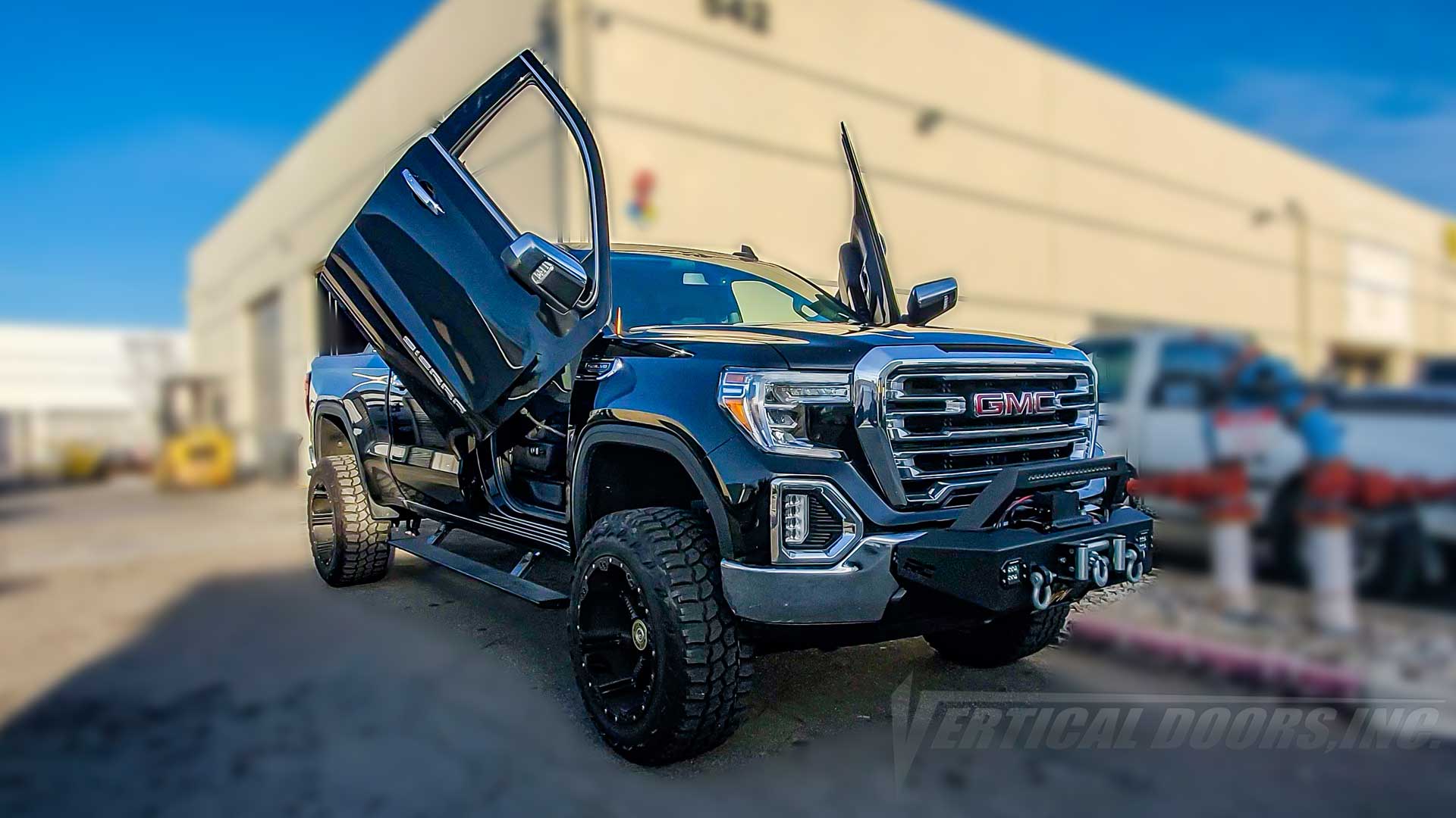 GMC Sierra 2019-2024 Vertical Lambo Door Conversion Kit by Vertical Doors Inc., VDCGMCSIER19Pro, SLE, Elevation, GMC Truck, GMT T1XX, Sierra 1500 SLE, SLT, AT4, Denali, WT, Custom, Custom Trail Boss, LT, RST, LT Trail Boss, LTZ, High Country.