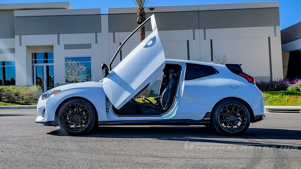 Lambo door hinge conversion kit compatible with the Hyundai Veloster 2019-2023 by Vertical Doors Inc.